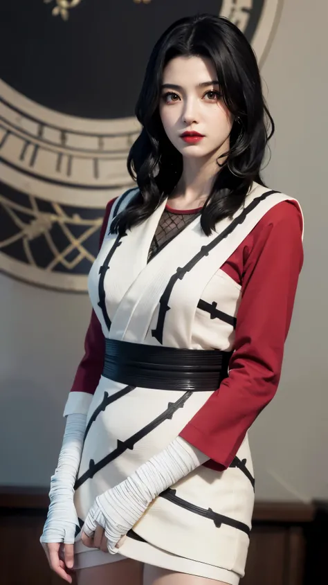 （（（完美figure，figure，forehead protector，bandaged hand，konohagakure symbol，fishnets，Red single sleeve，White striped clothes，（（（Kurenai Yuhi, black hair, red eyes,  long hair,makeup，red eyes，lipstick，）））型figure:1.7））），((masterpiece)),high resolution, ((Best qu...