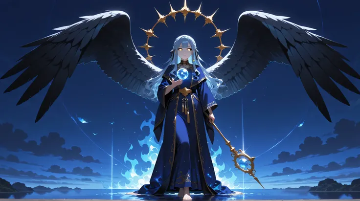 one girl,  is the side of the band :1.2, whole body ,togawa sakiko, Ave Mujica, long hair, blue hair , Blue flames burning in the eyes, shimmering blue-gold robe, barefoot, floating in the air, holding a staff topped with a pulsing crystal orb, giant bird ...