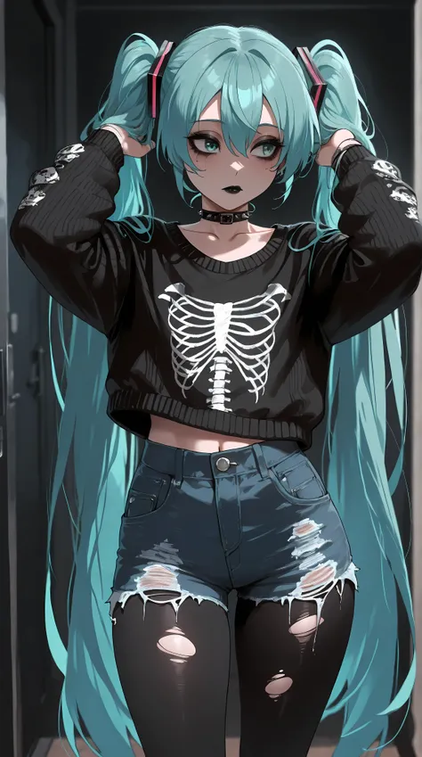 masterpiece,best quality,amazing quality,absurdres, beautiful detailed eyes, solo, 99 rating, 
 anime, anime style, 1girl, hatsune miku, rib print sweater, black sweater with white ribcage print, knit sweater, tattered clothing, goth, emo, black makeup, bl...