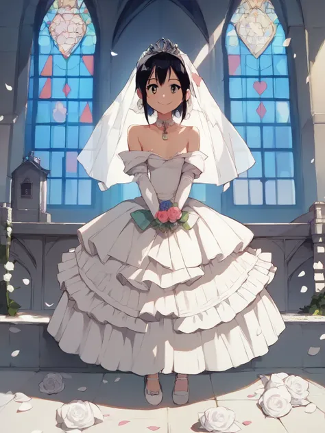 score_9, score_8_up, score_7_up, Source_anime, tag1, Tags 2, nsfw，Uncorrected，(8k,RAW pictures,top quality,masterpiece:1.2)，1若いgirl，Petite，skinny，((off-shoulder wedding dress，Veil，Chapel)),Front view，Smile,Perfectly Reproduce Your Full Body ,LEANING FORWAR...