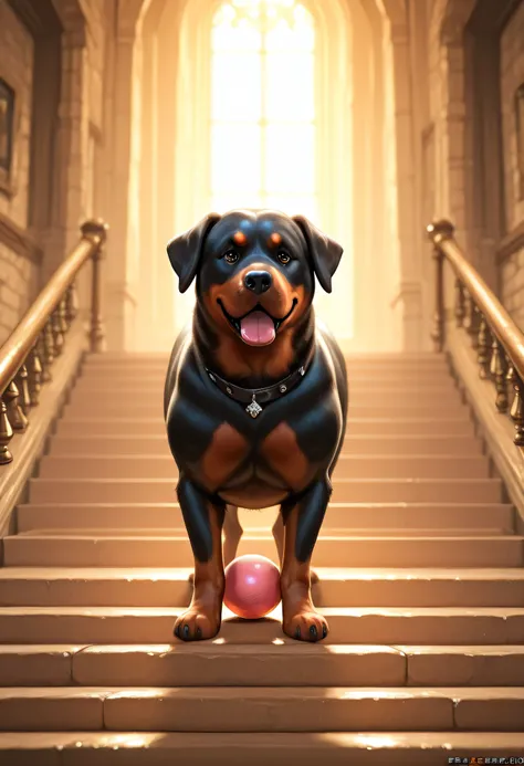 rottweiler with a ball, UHD, 4K, a photograph of a radiant dog drenched in warm golden sunlight, he is gracefully climbing the stairs in an enchanting medieval castle