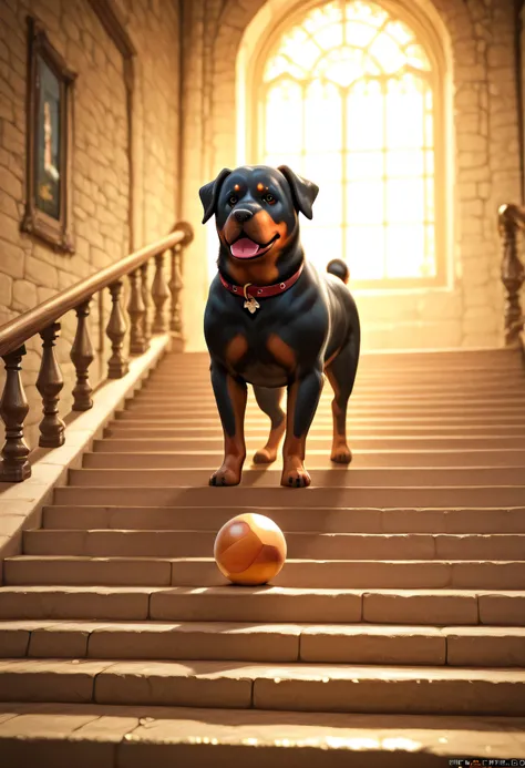 rottweiler with a ball, UHD, 4K, a photograph of a radiant dog drenched in warm golden sunlight, he is gracefully climbing the stairs in an enchanting medieval castle