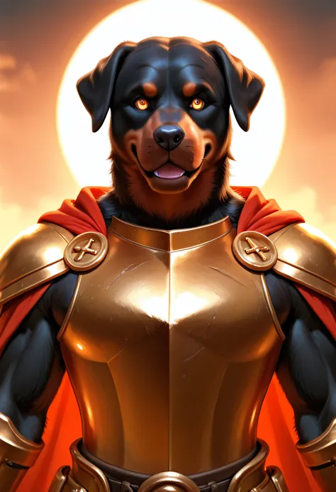 3/4 medium close-up of a majestic anthro Rottweiler in golden armor, a torn crimson cape flowing behind, glowing battle scars, intense amber eyes, semi-realistic painterly style, cinematic lighting, detailed fur texture, dusk battlefield backdrop