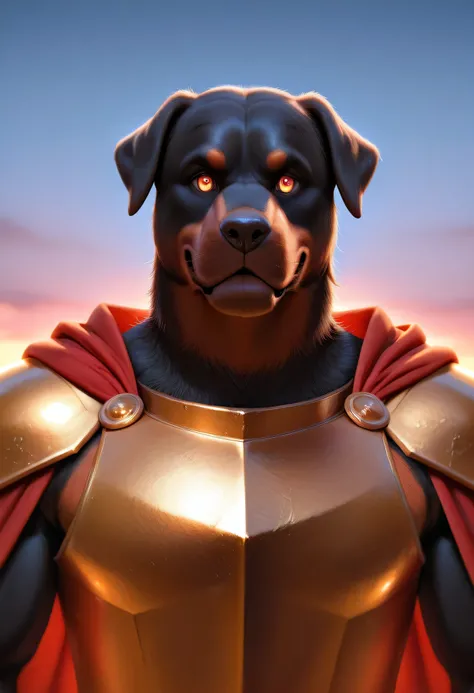 3/4 medium close-up of a majestic anthro Rottweiler in golden armor, a torn crimson cape flowing behind, glowing battle scars, intense amber eyes, semi-realistic painterly style, cinematic lighting, detailed fur texture, dusk battlefield backdrop