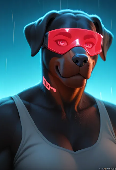3/4 medium close-up of an anthro Rottweiler in neon-lit urban nightscape, wearing a tech visor, LED tattoos, sleek cybernetic implants, rain-streaked fur, glowing circuitry, moody futuristic setting, semi-realistic style with detailed lighting and contrast