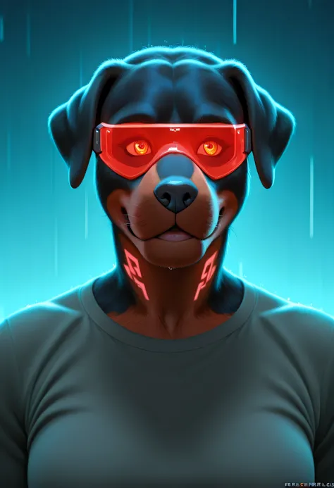 3/4 medium close-up of an anthro Rottweiler in neon-lit urban nightscape, wearing a tech visor, LED tattoos, sleek cybernetic implants, rain-streaked fur, glowing circuitry, moody futuristic setting, semi-realistic style with detailed lighting and contrast