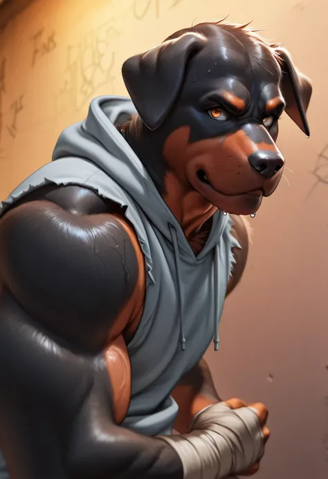 3/4 medium close-up of a muscular anthro Rottweiler in a torn sleeveless hoodie, wrapped fists, intense expression, urban graffiti wall behind, dynamic pose, flecks of sweat and motion blur, gritty semi-realistic style with strong rim lighting