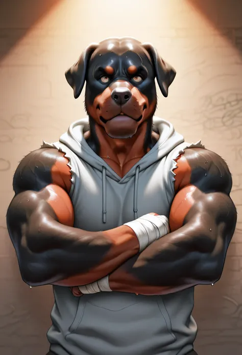 3/4 medium close-up of a muscular anthro Rottweiler in a torn sleeveless hoodie, wrapped fists, intense expression, urban graffiti wall behind, dynamic pose, flecks of sweat and motion blur, gritty semi-realistic style with strong rim lighting