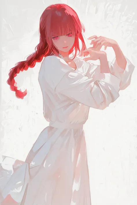 anime girl, grown up, red long hair, single braid, white plain dress, red eyes, front view, dynamic pose, expressive