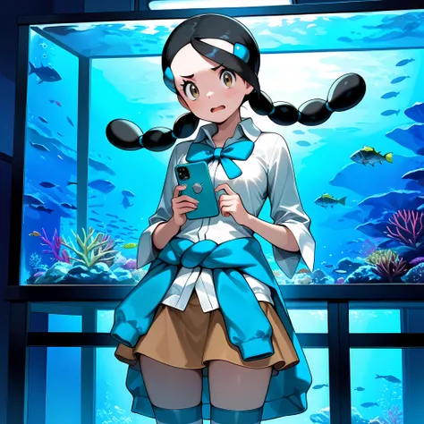 masterpiece, best quality,1boy,solo,candice_(pokemon),zzCandice, hair ornament, twintails, hairclip, striped socks, bowtie, sweater around waist, brown skirt,dark room,aquarium,fish tanks,phone,light blue phone,looking at viewer,frightened,cowboy shot