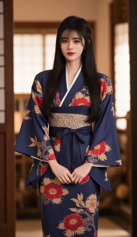 1girl, long black hair with soft bangs, large breast, slim waist, standing in a wooden doorway inside a traditional Japanese home, wearing a radiant floral yukata in deep indigo with crimson and gold patterns, obi tied elegantly in back, soft indoor lighti...