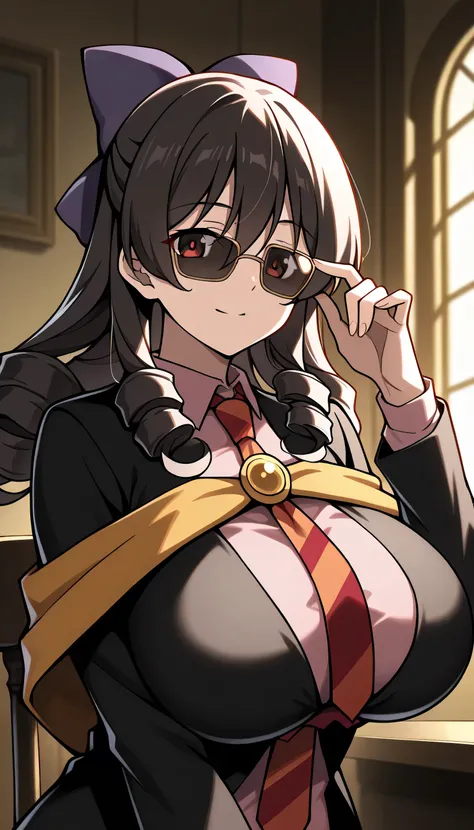 Give your images flat even illumination (negative) or dramatic chiaroscuro lighting (positive), 1girls, huge breasts solo, , sitting, looking_at_viewer, indoors, , window, solo, , sunglasses, suit, formal, necktie, , adjusting_eyewear, long_sleeves,,Arue-L...