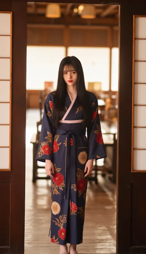 1girl, long black hair with soft bangs, large breast, slim waist, standing in a wooden doorway inside a traditional Japanese home, wearing a radiant floral yukata in deep indigo with crimson and gold patterns, obi tied elegantly in back, soft indoor lighti...
