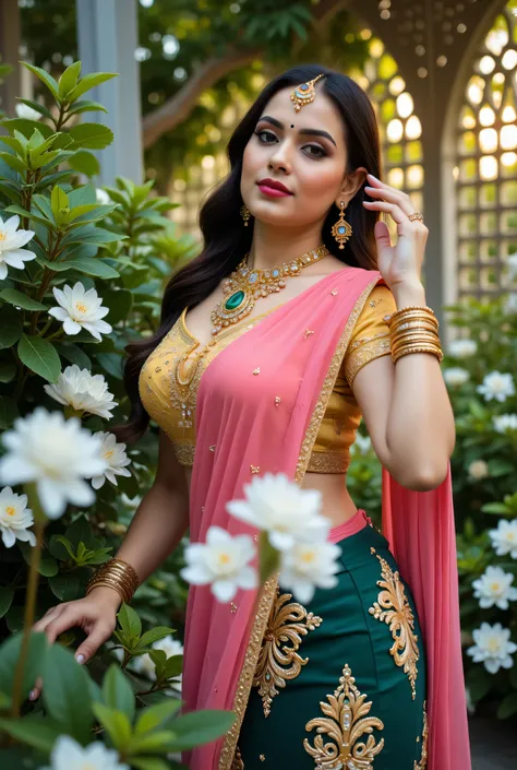 A captivating portrait of a beautiful woman in a traditional Indian saree, posed elegantly in a lush garden setting. The saree is a stunning combination of vibrant yellow and black, adorned with intricate gold embroidery and embellishments. The blouse feat...