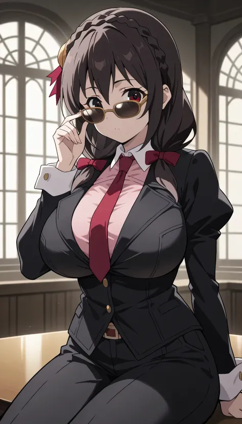 Give your images flat even illumination (negative) or dramatic chiaroscuro lighting (positive), 1girls, huge breasts solo, , sitting, looking_at_viewer, indoors, , window, solo, , sunglasses, suit, formal, necktie, , adjusting_eyewear, long_sleeves,yunyun,...