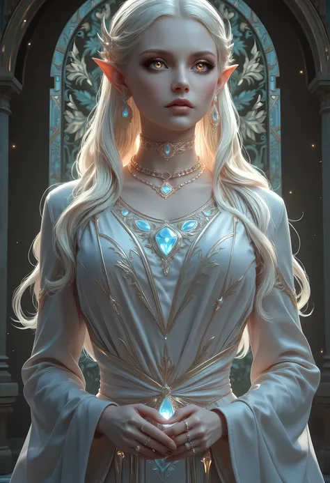a picture of a female elf, fair skin, white hair, long hair, wavy hair, flowing hair, sparkling fiery eyes, there are jewelry in her hair. wearing  silk dress, intricate dress, high heels, best quality, 16k, ultra detailed, masterpiece, best quality, (extr...