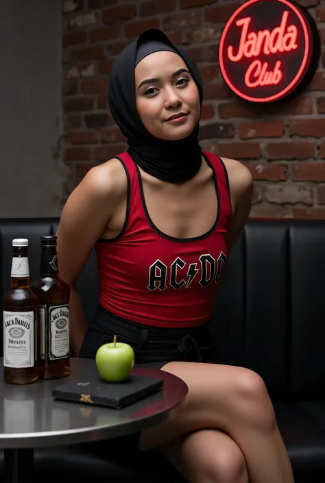 face cute smile , Front posing, Wearing Scarf neck tie, Front posing, SKINNY SUPER OLD LADY, memakai kacamata rabun,  (Thighs and calves huge muscles), (((MOODY FACE EXPRESSION))), "Wearing Hijab perfectly",  wearing Scoop Neck Sleeveless red & black Bodys...