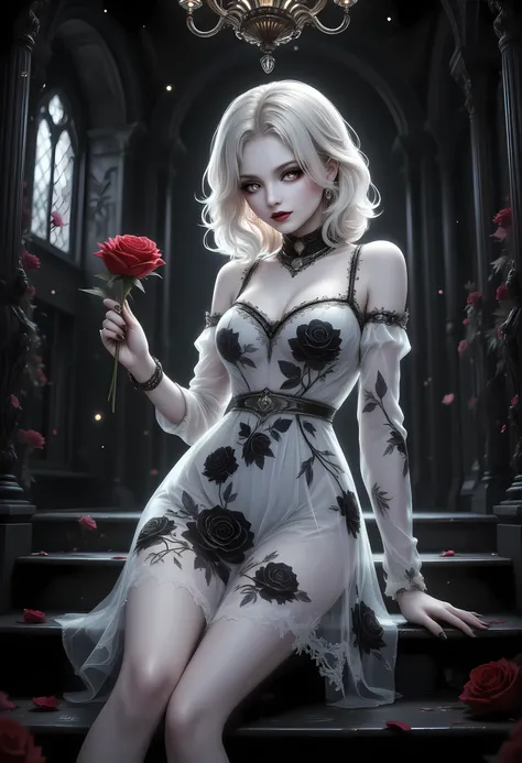 Dark anime fantasy art, goth art, a picture of a female vampire, exquisite beauty, full body shot, dark glamour shot, pale white skin, dark blond hair, long hair, wavy hair, blood red lips, glowing grey eyes, she wears a white lace dressת exquisite, beauti...