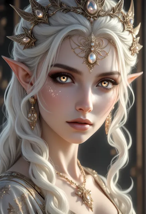 a picture of a female elf, fair skin, white hair, long hair, wavy hair, flowing hair, sparkling fiery eyes, there are jewelry in her hair. wearing  silk dress, intricate dress, high heels, best quality, 16k, ultra detailed, masterpiece, best quality, (extr...