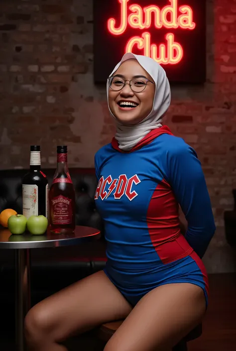face cute smile , Front posing, Wearing Scarf neck tie, Front posing, SKINNY SUPER OLD LADY, memakai kacamata rabun,  (Thighs and calves huge muscles), (((MOODY FACE EXPRESSION))), "Wearing Hijab perfectly",  wearing Scoop Neck Sleeveless red & blue Bodysu...