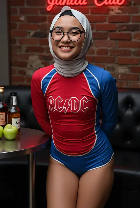 face cute smile , Front posing, Wearing Scarf neck tie, Front posing, SKINNY SUPER OLD LADY, memakai kacamata rabun,  (Thighs and calves huge muscles), (((MOODY FACE EXPRESSION))), "Wearing Hijab perfectly",  wearing Scoop Neck Sleeveless red & blue Bodysu...