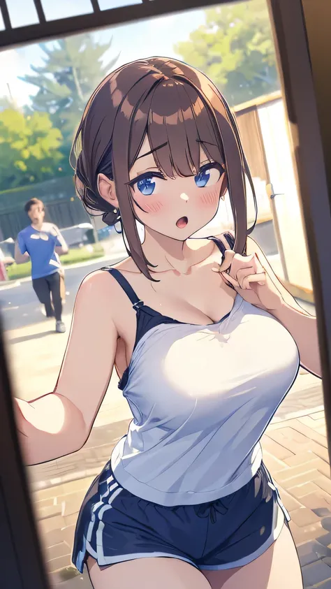 1人of女of子と2人of男of子 :o absurdres alternine_costume Buffs bare_ black shoulder _looking for another_blurry eyes blurry_背景of赤面ボブ_cut bounce_breasts breasts breinh brown_viewer medium Chest clasped_hand day dolphin_camisole dutch_hair camisole_outside_of_shorts...
