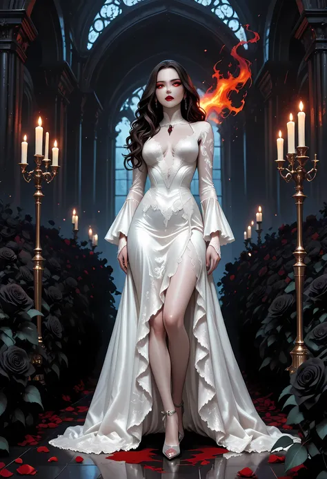 Dark anime fantasy art, goth art, a picture of a female vampire, exquisite beauty, full body shot, dark glamour shot, pale white skin, dark blond hair, long hair, wavy hair, dark red lips, glowing eyes, she wears a white lace dress, exquisite, beautiful, h...