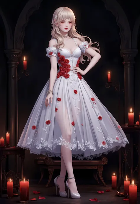 Dark anime fantasy art, goth art, a picture of a female vampire, exquisite beauty, full body shot, dark glamour shot, pale white skin, dark blond hair, long hair, wavy hair, dark red lips, glowing eyes, she wears a white lace dress, exquisite, beautiful, h...