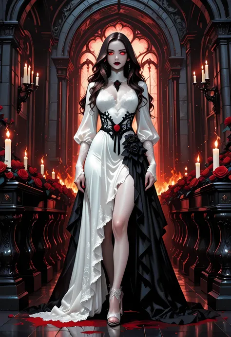 Dark anime fantasy art, goth art, a picture of a female vampire, exquisite beauty, full body shot, dark glamour shot, pale white skin, dark blond hair, long hair, wavy hair, dark red lips, glowing eyes, she wears a white lace dress, exquisite, beautiful, h...