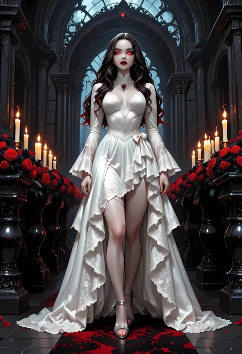 Dark anime fantasy art, goth art, a picture of a female vampire, exquisite beauty, full body shot, dark glamour shot, pale white skin, dark blond hair, long hair, wavy hair, dark red lips, glowing eyes, she wears a white lace dress, exquisite, beautiful, h...