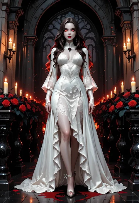 Dark anime fantasy art, goth art, a picture of a female vampire, exquisite beauty, full body shot, dark glamour shot, pale white skin, dark blond hair, long hair, wavy hair, dark red lips, glowing eyes, she wears a white lace dress, exquisite, beautiful, h...