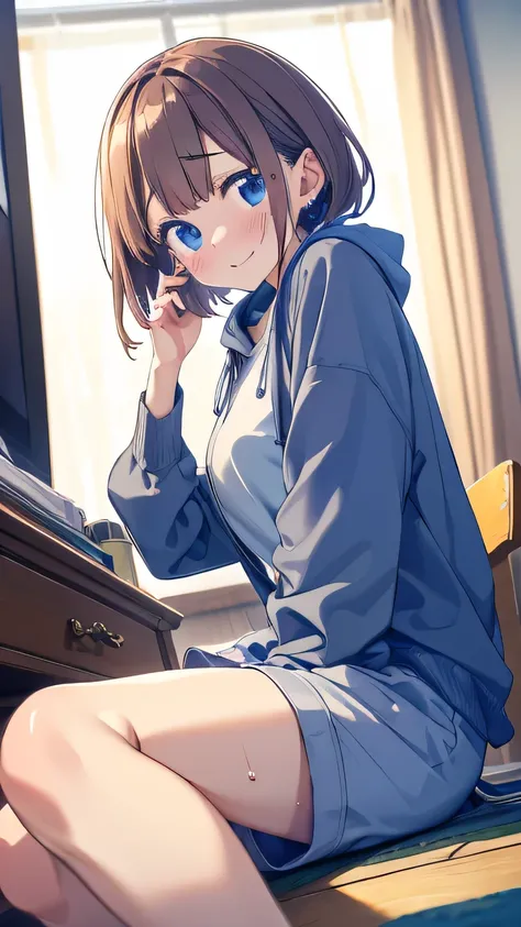 My cute hood friend, Room clothes ,  Lounge Shorts  , sitting on the floor,
uses a smartphone while on the phone, she is staring at her smartphone,
sweat,  Deep Breath , Expectations, impatience, anxiety, Perplexed, Pretend to be calm,
awkward smile, Tensi...