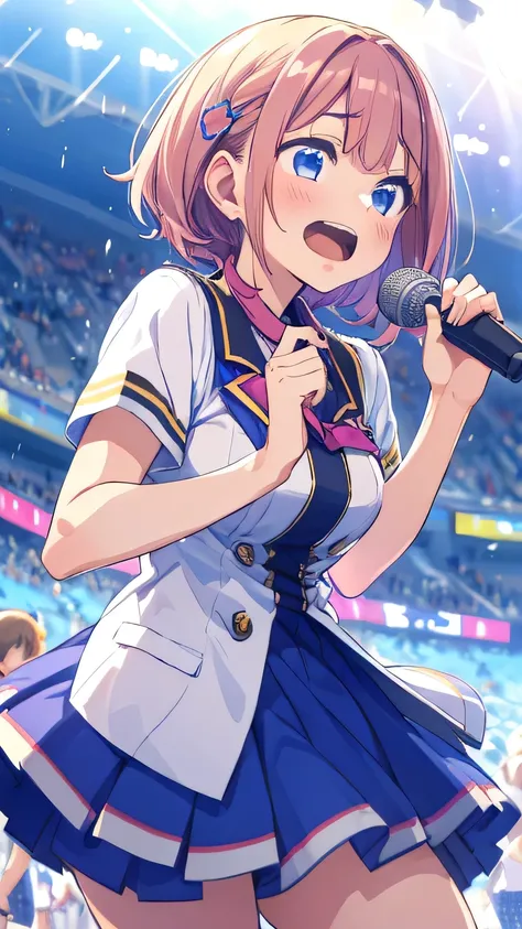  anime idol group wearing a rainbow colored uniform ,  The blond haired , 
(A girl with pink hair is holding a microphone and singing a song at the stadium,  she is dancing and singing happily ),
( the girls are singing around her ),
Daytime, Sunshine, 
(d...