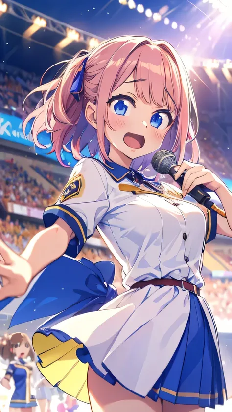 anime idol group wearing a rainbow colored uniform , The blond haired ,
(A girl with pink hair is holding a microphone and singing a song at the stadium, she is dancing and singing happily ),
( the girls are singing around her ),
Daytime, Sunshine,
(d...