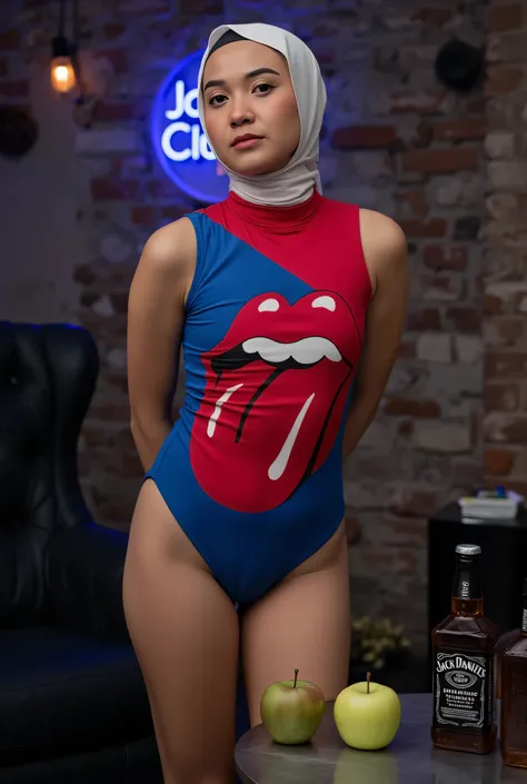 face cute smile , Front posing, Wearing Scarf neck tie, Front posing, SKINNY SUPER OLD LADY,  (Thighs and calves huge muscles), (((MOODY FACE EXPRESSION))), "Wearing Hijab perfectly",  wearing Scoop Neck Sleeveless red & blue Bodysuits singlet swimsuit 'ro...