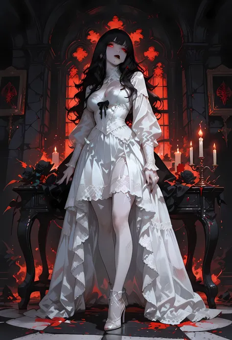 Dark anime fantasy art, goth art, a picture of a female vampire, exquisite beauty, full body shot, dark glamour shot, pale white skin, dark blond hair, long hair, wavy hair, dark red lips, glowing eyes, she wears a white lace dress, exquisite, beautiful, h...