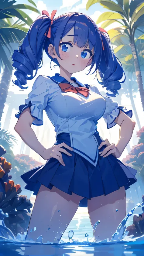 masterpiece, best quality, highres, ultra-detailed, 8k resolution, magical girl, manga, stern, hands on hips, twin tails, blue hair, bouncy curls, cloudy background, overgrown vegetation, warm light, coral reef, water splashes