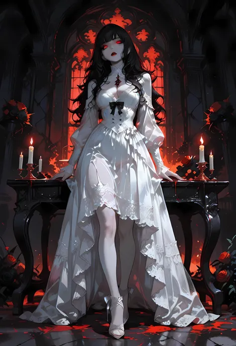 Dark anime fantasy art, goth art, a picture of a female vampire, exquisite beauty, full body shot, dark glamour shot, pale white skin, dark blond hair, long hair, wavy hair, dark red lips, glowing eyes, she wears a white lace dress, exquisite, beautiful, h...