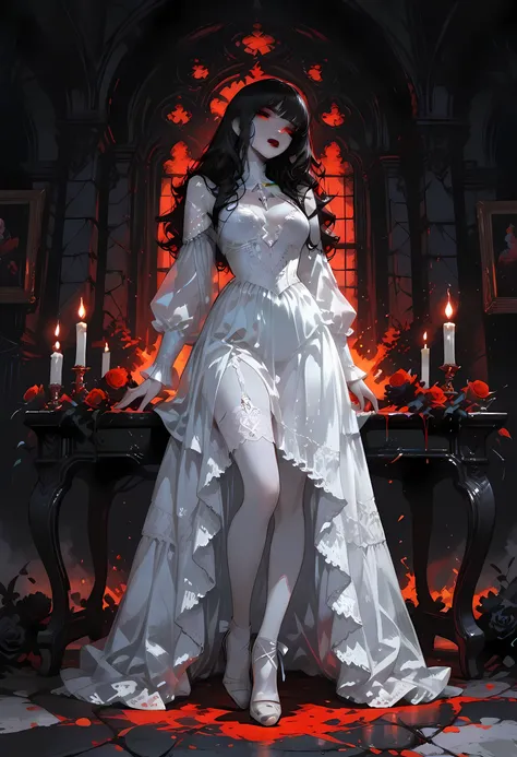 Dark anime fantasy art, goth art, a picture of a female vampire, exquisite beauty, full body shot, dark glamour shot, pale white skin, dark blond hair, long hair, wavy hair, dark red lips, glowing eyes, she wears a white lace dress, exquisite, beautiful, h...