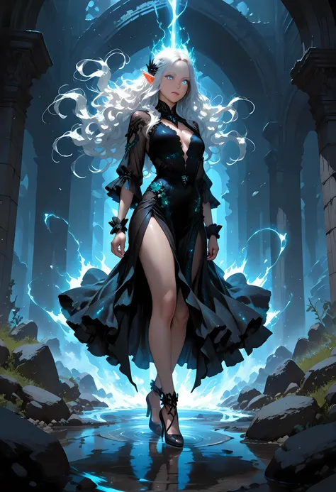 a picture of a female elf, fair skin, white hair, long hair, wavy hair, flowing hair, sparkling fiery eyes, there are jewelry in her hair, wearing dark silk dress, intricate dress, high heels, best quality, 16k, ultra detailed, masterpiece, best quality, ...