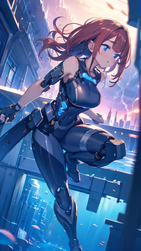 masterpiece, best quality, highres, ultra-detailed, 8k resolution, cyborg girl, fantasy, pensive, jumping, afro, red hair, loose waves, dusk background, underwater city, low light, thunderstorm, chromatic aberration