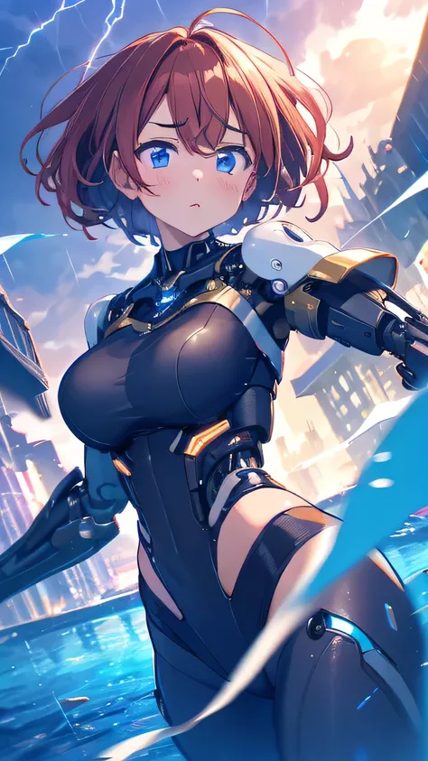 masterpiece, best quality, highres, ultra-detailed, 8k resolution, cyborg girl, fantasy, pensive, jumping, afro, red hair, loose waves, dusk background, underwater city, low light, thunderstorm, chromatic aberration