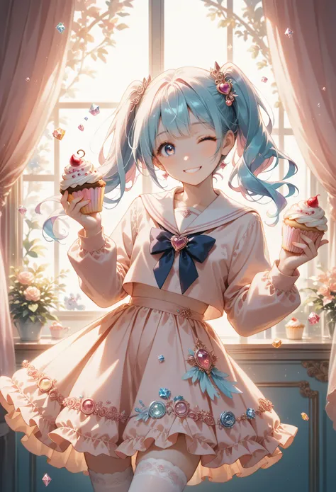 mignonne fille anime, Crystal, pastel,
low fidelity (louer) Style artistique,
tons pastel rose et violet,
Orange Doux, queues jumelles, Cheveux bleus mauves, marin d'école, tenant un gâteau, sourire,un œil fermé, détails complexes, couleurs pastel, bas bla...