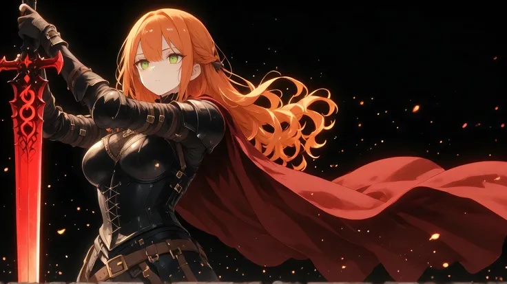 anime dark shadow shilloute a menancing young mature female with long wavy orange hair and green eyes wearing a black and red medieval leather armor with a red cape holding a red sword with a emotionless stoic expression , black background, epic anime st...