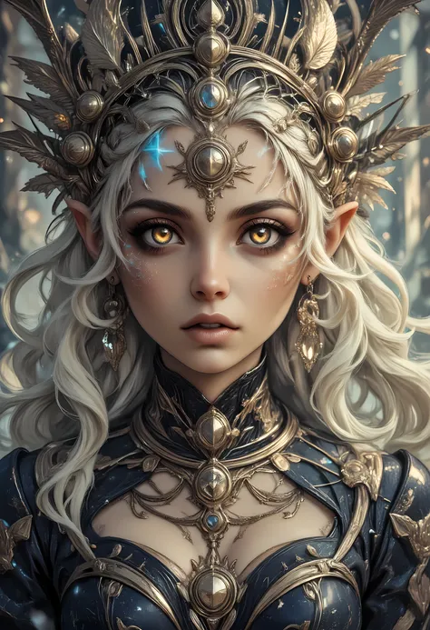 a picture of a female elf, fair skin, white hair, long hair, wavy hair, flowing hair, sparkling fiery eyes, there are jewelry in her hair, wearing  dark silk dress, intricate dress, high heels, best quality, 16k, ultra detailed, masterpiece, best quality, ...