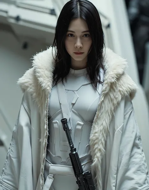 (((Inside a pure white, inorganic spaceship:2.0))),(((DUNE style sci-fi atmosphere:2.0))),(((Holding a pure white assault rifle:2.0))),standing figure,((Full Body:2.0)),one woman,(cute face),(Beautiful well-balanced face ),(wavy black hair:1.5),(Beautiful ...