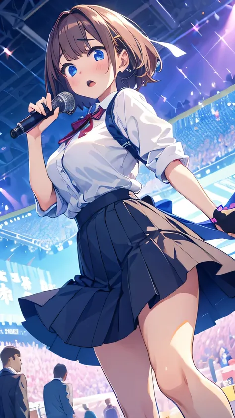 girl, idol, 大胆にskirt flying up, panty multiple men, being watched, emotional