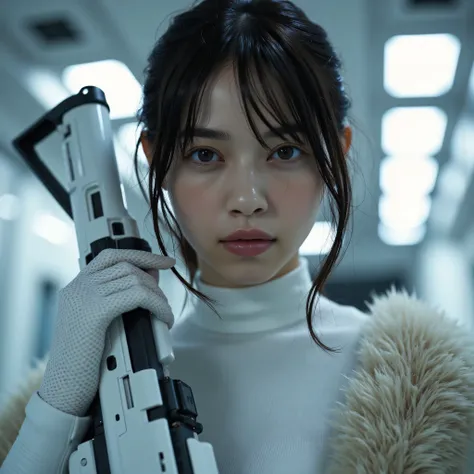 (((Inside a pure white, inorganic spaceship:2.0))),(((DUNE style sci-fi atmosphere:2.0))),(((Holding a pure white assault rifle:2.0))),standing figure,((Full Body:2.0)),one woman,(cute face:2.0),(Beautiful well-balanced face :2.0),(wavy black hair:1.5),(Be...