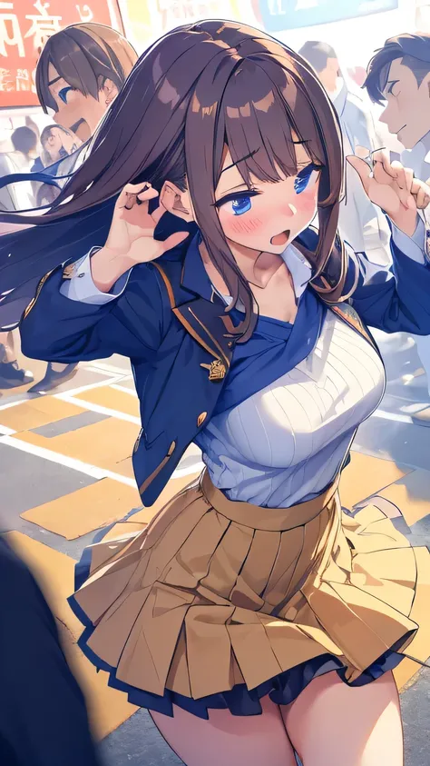 girl, idol, skirt flying up, panty multiple men, being watched, emotional