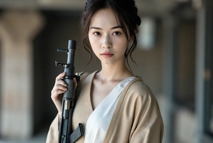 (((Inside a pure white, inorganic spaceship:2.0))),(((DUNE style sci-fi atmosphere:2.0))),(((Holding a pure white assault rifle:2.0))),standing figure,((Full Body:2.0)),one woman,(cute face:2.0),(Beautiful well-balanced face :2.0),(wavy black hair:1.5),(Be...